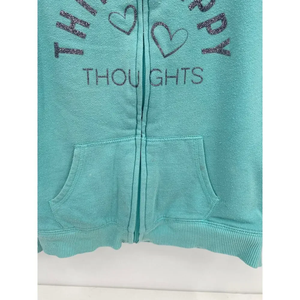 Justice Teal Blue Full Zip Girls Think Happy Thoughts Sherpa Lined Hoodie 7